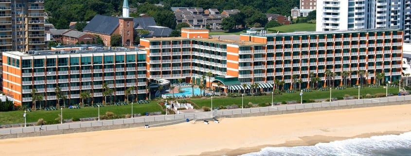 Virginia Beach hotel - Holiday Inn and Suites oceanfront hotel - aerial view of full rear exterior with beach and ocean